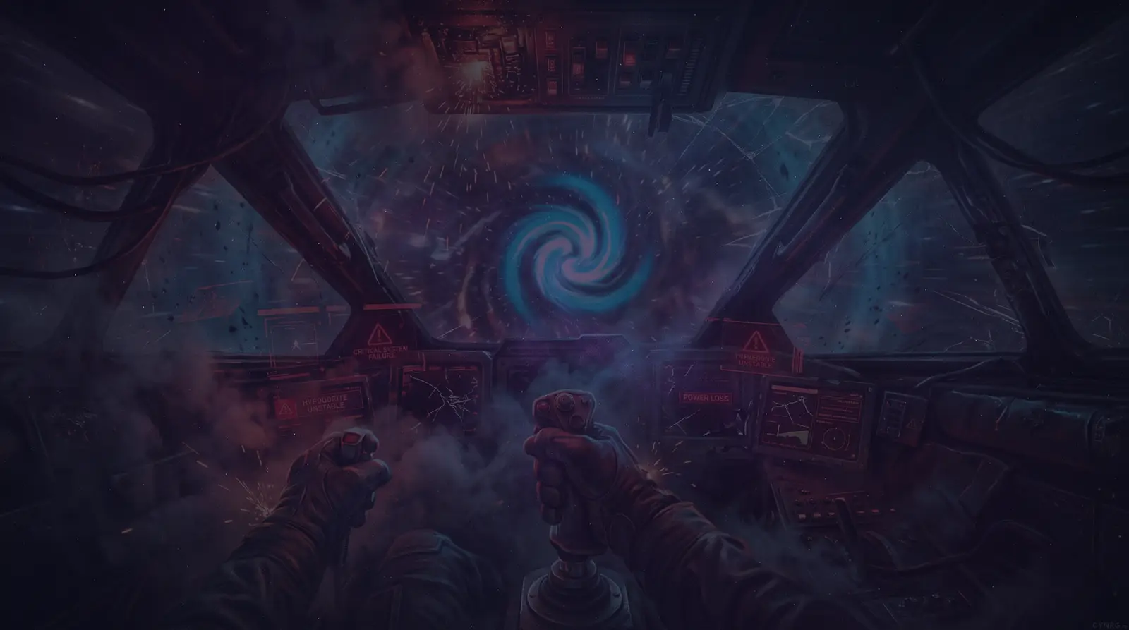 Vue depuis un cockpit endommagé, alarmes rouges, face à un vortex quantique
